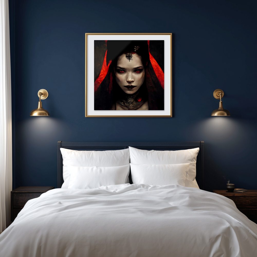 Dark Goddess wall art above a bed